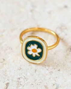 Metal: 18K Gold Plated on Sterling Silver Craft: Enamel Finish Weight: 3.5g Frame Ring, Infinite Love, Daisy Ring, Daisy Necklace, Soft Toothbrush, Ring Metal, Single Earring, Silver Enamel, Gemstone Bracelets