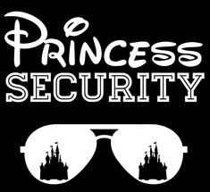 the princess security logo with sunglasses and castle silhouettes in white on a black background