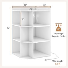 the measurements for an open shelving unit with four shelves and two lights on each side