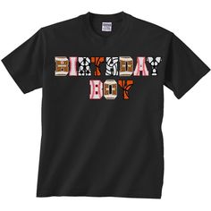 a black t - shirt with the words birthday boy printed in orange and white letters