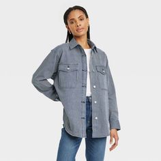 Women's Denim Shacket - Universal Thread™ Oversized Cotton Outerwear For Fall, Oversized Shacket With Patch Pockets For Everyday, Cotton Utility Jacket With Long Sleeves For Streetwear, Cotton Long-sleeved Utility Jacket For Streetwear, Oversized Cotton Button-up Outerwear, Fall Denim Outerwear With Patch Pockets, Denim Outerwear With Patch Pockets For Fall, Oversized Cotton Shacket With Long Sleeves, Oversized Button-up Utility Jacket For Streetwear