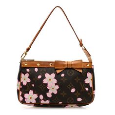 This is an authentic LOUIS VUITTON Monogram Cherry Blossom Pochette Accessories in Brown.This chic pochette is crafted of monogram coated canvas with a cherry blossom print designed by Takashi Murakami. It features vachetta leathertrim and bow detail with gold tone hardware and studs.The top zipper opens to a beige microfiber interior. Louis Vuitton Cherry Blossom, Louis Vuitton Murakami, Louis Vuitton Monogram Bag, Pochette Accessories, Félicie Pochette, Cherry Blossom Print, Louis Vuitton Clutch, Limited Edition Bag, Louis Vuitton Empreinte