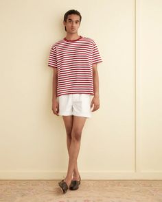 Sawyer Stripe Short Sleeve Shirt – BODE Classic Summer T-shirt With Striped Collar, Red Cotton Tops With Signature Stripes, Summer Striped Hem Relaxed Fit T-shirt, Relaxed Fit Striped Hem T-shirt For Summer, Summer Relaxed Fit T-shirt With Striped Hem, Casual Red Top With Signature Stripes, White Striped Collar T-shirt For Summer, Summer Crew Neck T-shirt With Striped Collar, Relaxed Fit Cotton T-shirt With Striped Collar