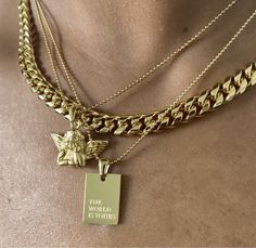 The world is yours. Details: 18k PVD Gold Plated Stainless Steel Hypoallergenic Water-resistance Size: Chain Length: Pendant Size: Luxury Personalized Gold Charm Necklace, Luxury Gold Cuban Link Necklace With Box Chain, Dope Jewelry Accessories, Cuban Link Necklace, Earthy Jewelry, Stacked Necklaces, Jewelry Accessories Ideas, Dope Jewelry, Gold Statement Necklace