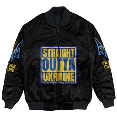 Stand With Ukraine Bomber Jackets Fitted Outerwear With Letter Print For Streetwear, Fitted Letter Print Outerwear For Winter, Fitted Letter Print Outerwear For Streetwear, Fitted Urban Outerwear With Letter Print, Urban Fitted Outerwear With Letter Print, Fitted Hooded Outerwear With Letter Print, Stand With Ukraine, Bomber Jackets, Classic Looks