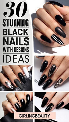 Rocker Nails, Classy Black Nails, Black Chrome Nails, Black Ombre Nails, Black Almond Nails, Black And White Nail Designs, Artistic Patterns, Black Nails With Glitter, Black Stiletto Nails