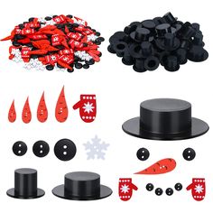 various black and red items are displayed on a white background