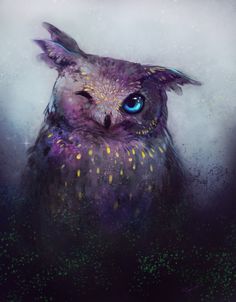 an owl with blue eyes is shown in this artistic painting by artist susan schreck