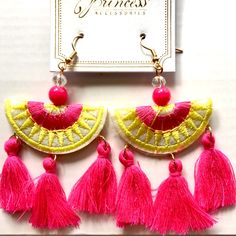 Women’s Tassel Earrings Pink & Yellow. Pierced!!! Very Light Weight And Sooo Summery!!! Brand New On Card And In Packaging. Was Removed For Pictures Only!!! Yellow Fringe Dangle Jewelry, Tassel Jewelry For Vacation, Yellow Fringe Jewelry For Party, Gold Latkans Earrings For Beach, Gold Earrings With Latkans For The Beach, Gold Latkan Earrings For The Beach, Yellow Dangle Jewelry With Tassels, Yellow Tassel Earrings As Gift, Yellow Fringe Jewelry Gift