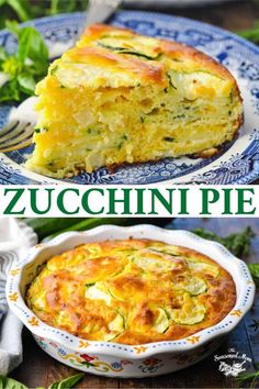 zucchini pie in a blue and white dish