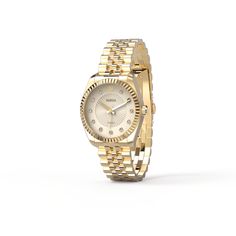 With its beige dial and gold case, this timepiece emanates a distinctive vintage allure. The dial displays a concave-convex radial texture, suitable for both casual wear and sophistication. Adorned with lab-grown diamonds, each hour marker sparkles with enchanting brilliance, enhancing the overall elegance of the design. Case: 31mm steel case with polished and satin finish Movement: Ronda 763 Waterproofness: 10ATM swimming is allowed, but only for shallow swimming (Do not operate the watch handl Classic Gold Diamond Watch With Subdials, Classic Gold Diamond Watch With Round Dial, Classic Gold Diamond Watch With Metal Dial, Timeless Yellow Gold Diamond Watch With Subdials, Timeless Yellow Gold Diamond Watch With Round Dial, Timeless Gold Diamond Watch With Rectangular Dial, Classic Gold Diamond Watch With Analog Display, Classic Gold Diamond Analog Watch, Timeless Yellow Gold Analog Watch