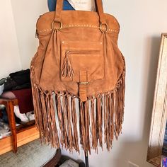 Amazing New Tan Suede Fringe Bag. Trim The Fringe Or Keep It As Is, It's A Keeper From A Collected Designer! Perfect Condition, Keep It Slim Or Fill It Up, It Will Work With Your Needs. Fringe Pouch Bag For Everyday Use, Daily Use Fringe Bag With Double Handle, Daily Use Double Handle Fringe Bag, Bohemian Shoulder Bag With Detachable Handle, Travel Fringe Pouch Shoulder Bag, Travel Shoulder Bag With Fringe And Pouch Shape, Travel Shoulder Bag With Fringe In Pouch Shape, Bohemian Hobo Bag With Detachable Handle For Daily Use, Bohemian Hobo Bag With Detachable Handle