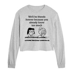 She will love showing off her style with this Juniors' Peanuts Patty & Marcie Friends Forever Long Sleeve Cropped Tee. FEATURES Long sleeves CrewneckFABRIC & CARE Cotton/Polyester Machine wash Imported Size: X Large. Color: Heather Gray. Gender: female. Age Group: kids. Pattern: Graphic. Funny Long Sleeve Tops With Cartoon Print, Funny Long Sleeve Slogan Tops, Fun Long Sleeve Slogan Tops, Peanut Patties, High Neck Tank Top, Kids Pattern, High Neck Tank, Raglan Tee, Cropped Tee