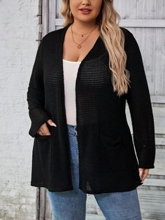 Negro Casual Collar manga larga Tela tejida Liso Más Embellished No-Elástico Plus Size Coats, Black Casual, Waffle Knit, Long Sleeve Knit, Front Open, Plus Clothing, Drop Shoulder, Knitted Fabric, Plus Size