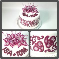 three pictures of a decorated cake with purple decorations