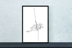 a black and white drawing of a woman hanging on a rope with her legs crossed