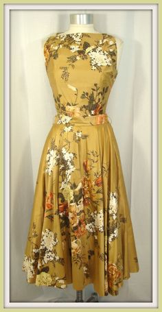 ~ Vintage 50s 2 Pc. Gold Floral Party Dress w/ Crinoline ~ Floral Party Dress, Fashion 1950s, Floral Party, 50s Dresses, 1950s Dress, 50s Fashion, 1950s Fashion, Gold Floral, Mode Vintage