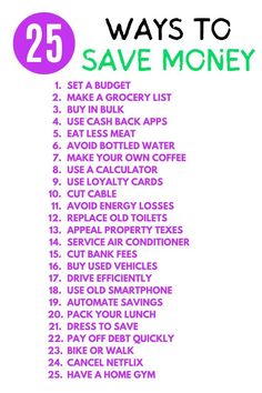 the 25 ways to save money list is shown in pink and green with text overlay