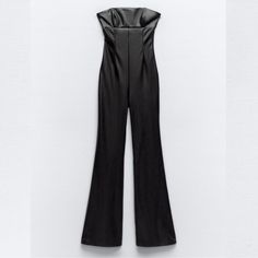 Brand New With Tags Stretchy Leather Sleek Evening Jumpsuits And Rompers For Fall, Sleek Black Jumpsuits And Rompers For Party, Chic Zara Strapless Jumpsuit, Chic Strapless Jumpsuit By Zara, Zara Elegant High Waist Jumpsuits And Rompers, Elegant High Waist Zara Jumpsuits And Rompers, Elegant High Waist Jumpsuits And Rompers By Zara, Sleek Strapless Jumpsuit For Night Out, Glamorous Black Fitted Strapless Jumpsuit