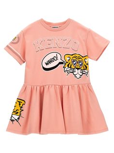 KIDS Cotton dress with print, crew neck, short sleeves, flounces on the hem. Composition: 100% cotton | Kenzo Kids Printed Dress Girls in Pink | SS24 Kids Cotton Dress, Baby Style, Kenzo Kids, Dress Girls, Kids Prints, Printed Dress, French Design, Luxury Retail, Cotton Dress