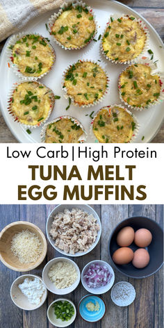 Images of ingredients and finished tuna melt egg muffins Tuna Muffins Recipe, Tuna Breakfast Ideas, Tuna Muffins, Tuna Protein, Filling Breakfast Recipes, Mediterranean Tuna Salad, Weekend Brunch Recipes, Keto Fish, Protein Ideas