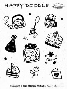 black and white doodle drawing of happy doodle birthday cake, cookies, ice cream, candy