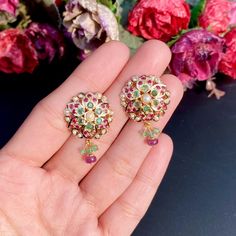 Featuring multicoloured jadau studs made in 22ct gold and embellished with rubies, emeralds and pearls The studs weigh 7.48 GMs Price Breakup Summary Component Rupees % of Total 22k Gold 33,793 75.4% Stones & Beads 3,634 8.1% Making Charges 6,083 13.6% Taxes (GST) 1,305 3.0% Total 44,814 100.0% View Detailed Price Breakup Daily Wear Gold Earrings, 22k Gold Jewelry Necklaces, 22k Gold Jewelry, Pearl Necklace Set, Ruby Emerald, Gold Jewelry Necklace, Emerald Necklace, Gold Bangle Bracelet, 22k Gold