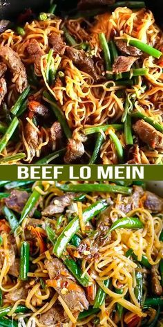 beef lo mein with green beans and carrots in a skillet before and after being cooked