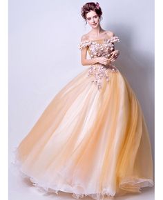 Buy Dreamy Yellow Flower Ballgown Quinceanera Dress 2019 With Off Shoulder at wholesale price online. Free shipping and pro custom service since 2009. Prom Dresses Short Blue, Embellished Prom Dress, Ivory Bridal Gown, Long Gown For Wedding, Tea Length Prom Dress, Fitted Prom Dresses, Fantasy Style, Lace Summer Dresses, Tulle Homecoming Dress