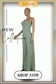 Spaghetti Strap Striped Casual Loose Jumpsuit Green Fitted Strapless Jumpsuit For Summer, Casual Strapless Jumpsuit For Summer Date Night, Chic Green Strapless Jumpsuit For Summer, Fitted Spaghetti Strap Jumpsuits And Rompers For Spring, Green Fitted Jumpsuit With Spaghetti Straps, Fitted Green Jumpsuit With Spaghetti Straps, Green Fitted Spaghetti Strap Jumpsuit, Fitted Jumpsuits And Rompers With Spaghetti Straps For Spring, Fitted Spaghetti Strap Jumpsuits For Spring