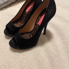 Beautiful Shoe And Like New Condition Made Of Satin With Leopard Print Elegant Black Fabric Heels, Chic Black Fabric Heels, Black Fabric Heels With Round Toe, Betsey Johnson Shoes, Beautiful Shoes, Black Satin, Betsey Johnson, Shoes Women Heels, Leopard Print