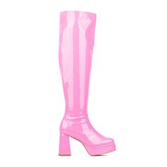 These ravishing thigh-highs feature double platforms, a dramatic 4-inch heel and a square toe that is sure to turn heads. The zipper closure ensures they are easy to slip on and off while the vegan patent leather offers unmatched style. Plus, the wide width provides enhanced comfort, so you can wear them all night long. Pink Knee-high Platform Boots For Party, Fitted Pink Platform Boots, Pink Knee-high Platform Boots, Pink Fitted Knee-high Platform Boots, Pink Fitted Platform Boots For Party, Fitted Pink Platform Boots For Party, Fitted Pink Platform Boots For Spring, Pink Square Toe Party Boots, Thigh High Platform Boots