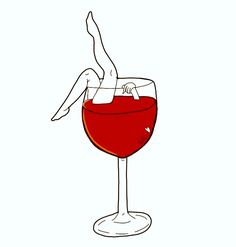 a hand reaching into a wine glass filled with red liquid and someone's feet sticking out