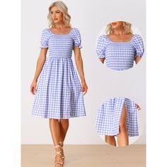 This Women's Smocked Dress combines the classic gingham plaid pattern with an on-trend square neckline, creating a stylish look that is perfect for casual outings or summer events. The smocked bodice of this dress provides a comfortable and stretchy fit, while the flowy skirt adds a flattering touch. It's designed to enhance your natural curves and provide all-day comfort. Spring Gingham Smocked Dress For Picnic, Spring Picnic Gingham Smocked Dress, Summer Gingham Smocked Fitted Dress, Spring Gingham Smocked Dress With Short Sleeves, Spring Casual Smocked Dress For Picnic, Spring Gingham Smocked Dress, Casual Smocked Dress For Spring Picnic, Square Neck Plaid Dress For Picnic, Short Sleeve Gingham Smocked Dress For Summer