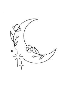 a crescent with flowers on it and the moon in the middle is drawn by hand