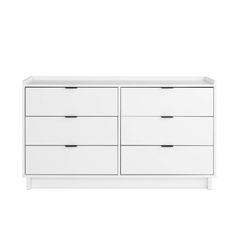 a white dresser with four drawers and two doors on the bottom, in front of a white background