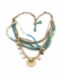 Isa Disc Stella & Dot Necklace - N516 Layers of semi precious turquoise stones and beads cascade from a handmade vintage gold chain. Inspired by vintage coins and a warm boho beach vibe. Individual gold strand with discs detaches to create a beaded necklace, or remove the colored strands for an all gold look.Vintage gold plating. 25 1/2" length. Lobster clasp closure. can be worn multiple ways. In excellent like new condition. Bohemian Gold Layered Necklace With Round Beads, Handmade Bohemian Metal Layered Necklace, Handmade Metal Bohemian Layered Necklace, Bohemian Gold Beaded Necklaces With Adjustable Chain, Bohemian Gold Turquoise Necklace With Colorful Beads, Gold Bohemian Coin Necklace, Bohemian Multi-strand Layered Necklace With Dangling Beads, Bohemian Gold Coin Necklace, Bohemian Layered Necklace With Round Beaded Chain