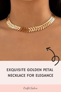 Adorn yourself with our Exquisite Golden Petal Necklace 🌼. Its intricate design is a blend of elegance and sophistication, ideal for fashion-conscious women 💃. Add this stunning piece to your collection 🛍️. Available at OutfitGalore.com! Elegant Clavicle Chain Choker, Elegant Rose Gold Choker Necklace, Elegant Rose Gold Clavicle Chain Choker, Elegant Rose Gold Choker With Clavicle Chain, Elegant Party Choker With Clavicle Chain, Elegant Necklace With Elegant Design For Party, Elegant Rose Gold Chain Necklace For Party, Elegant Rose Gold Choker For Gift, Elegant Metal Choker For Wedding