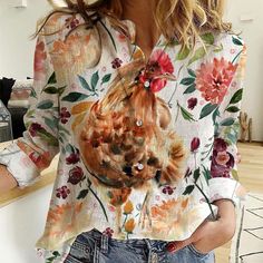 Chicken Fabulous Floral Pattern Casual Shirt, Farm Casual Shirt, Farm Gift, Farmer Gift, Gift For Her, Ladies Shirt Casual Printed Fall Shirt, Printed Long Sleeve Summer Shirt, Printed Long Sleeve Shirt For Summer, Fall Patterned Printed Shirt, Casual Printed Button-up Blouse, Printed Cotton V-neck Shirt, Printed Button-up Shirt For Fall, Spring Relaxed Fit Shirt With Collar, Multicolor Casual Collar Shirt For Spring