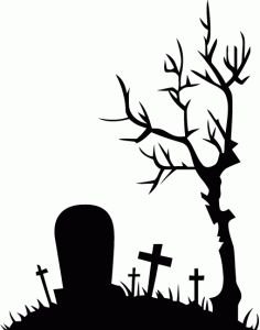 a black and white silhouette of a graveyard with tombstones in the grass next to a tree