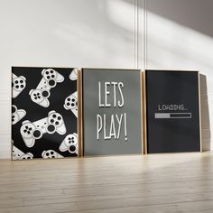 three black and white posters with game controllers on them, one saying let's play