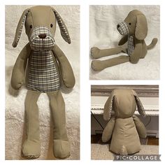 the stuffed dog is tan and has plaid on it's collar, ears, and tail