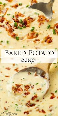 baked potato soup with bacon and green onions in a white bowl on a wooden spoon