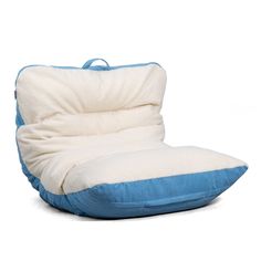 a blue and white bean bag chair sitting on top of a white floor cushion with a light blue stripe down the middle