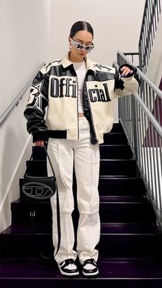 #monochromatic #pandas racing jacket , diesel , white jeans , cargo pants, Cute Windbreaker Outfits, Racing Pants Outfit, Racer Outfit Women, Casual Outfits Jacket, Womens Streetwear Outfits, Jacket Outfits Women, Racing Jacket Outfit