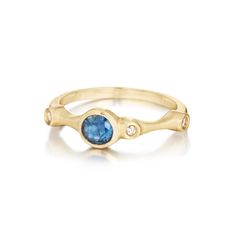 A methodical design, both fabulous and functional, accommodates multiple styles for those who like to mix it up and pile it on. Three small diamonds accent a blue sapphire nicely in this satin finished 18k yellow gold ring. Perfect for pairing with our other stack rings. Product Details Gemstone: 4mm Blue Sapphire Diamonds: 0.05ct GH-VS color and clarity Metal: 18kt yellow gold, Carelle signature Matte finish Stack Rings, Trio Ring, Stack Ring, Blue Sapphire Diamond, 18k Yellow Gold Ring, Engraved Items, Yellow Gold Ring, Ring Size Guide, Sapphire Diamond