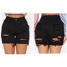 Distressed Shorts New New Never Worn Fashionnova Size: 9 No Stretch Black Fitted Ripped Bottoms, Fitted Black Ripped Bottoms, Trendy Black Knee-length Jean Shorts, Edgy Ripped Short Bottoms, Ripped Stretch Cotton Shorts, Ripped Jean Shorts For Night Out, Distressed High Waist Fitted Shorts, Black Ripped Cotton Jean Shorts, Spring Ripped Black Bottoms