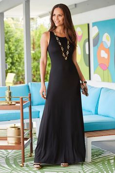 Simple and stunning, this maxi dress is the perfect match for your next outing downtown. Wear with chunk jewels, a clutch, and wedges for a chic outfit. Look for more style inspiration for women over 40 on Boston Proper's Pinterest page. Basic Dress Pattern, High Neck Maxi Dress, Dresses Fall, Sleeveless Long Dress, Dresses 2020, Basic Dress