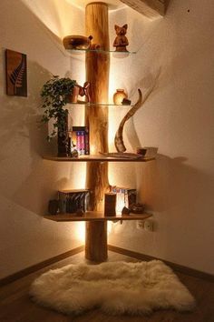 a wooden shelf with shelves and lights on it