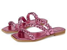 Spring Open Toe Slides With Braided Straps, Trendy Spring Slides With Flat Heel, Trendy Flat Heel Slides For Spring, Chic Braided Strap Sandals For Summer, Adjustable Braided Strap Slides For Summer, Trendy Sandals With Braided Straps For Spring, Chic Pink Slides For Summer, Chic Summer Slides With Cushioned Footbed, Chic Cushioned Slides For Summer